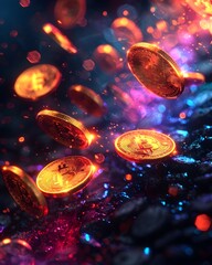Fototapeta premium Glowing Cryptocurrency Coins Floating on Dark Background,Digital Wealth Finance Concept