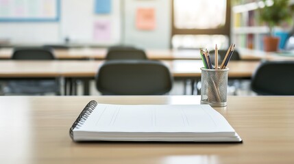 Empty classroom with wooden table, chairs, and pencils holder, featuring open spiral notebook in close-up view, symbolizing education and creativity