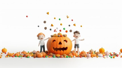 Two children are standing in front of a pumpkin with a big smile on their faces