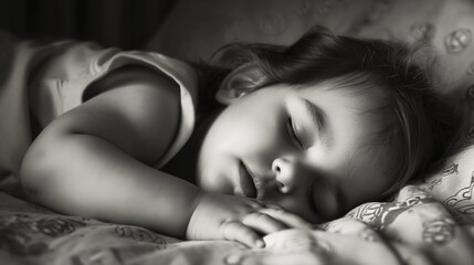 Adorable baby girl sleeping soundly in her comfortable crib, nestled among fluffy blankets and cuddly toys, in a serene and tranquil setting.