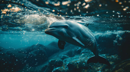 Fototapeta premium Close-up of a dolphin swimming underwater, capturing its playful nature in a vibrant marine environment. 