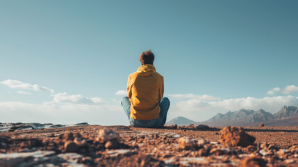 A solitary person in a yellow hoodie sits on the ground, gazing at the expansive desert landscape under a clear blue sky.
