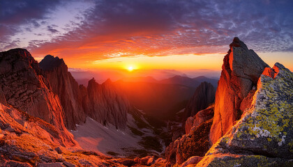 Fototapeta premium Sunrise views over mountains framed by two steep rocky cliffs illuminated by sunlight for a view of dramatic natural beauty