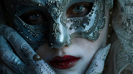 Gloved hand touching woman's face in velvet mask, 3D graphic resources, background, wallpaper