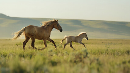 Mother horse and foal running together through grassy field, picturesque nature concept