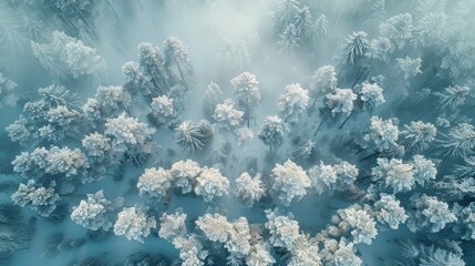 Aerial View of Snow-Covered Pine Trees in a Misty Forest at Dawn. Generative AI