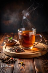 Cup of tea glass and dried tea leaves on a wooden plate, placed on a wooden table, on a dark black background