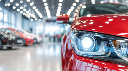 Modern red car headlight close-up in showroom, bright and sleek automotive design concept