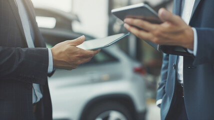 Business professionals using digital tablets in outdoor meeting, technology concept