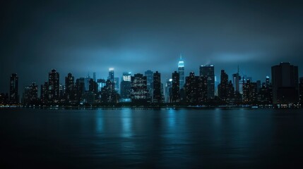 Fototapeta premium Darkened city skyline during a power outage at night. 