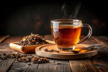 Cup of tea glass and dried tea leaves on a wooden plate, placed on a wooden table, on a dark black background