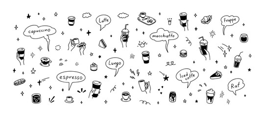 Cute line doodle coffee shop icon set. Hot and cold drinks, desserts, cake, sandwich, croissant. Hand drawn cafe and patisserie design elements. Crayon scribble and squiggle  drawings