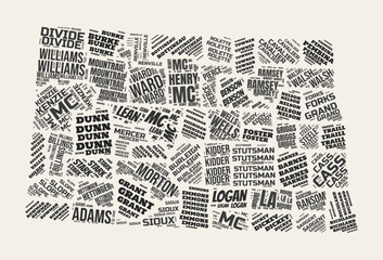 North Dakota Word Cloud. State with counties division. North Dakota typographic text clouds vector image design. Vintage gazette style state shape image. Classy vector illustration.