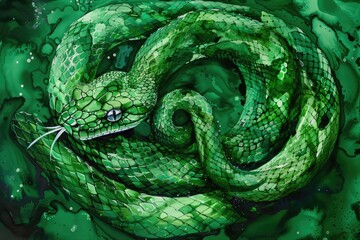 Obraz premium green wooden snake symbol of the year art painting in alcohol ink technique