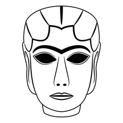 The Mask from Warka. Lady of Uruk. Female head of ancient woman or goddess Inanna from Iraq. Black and white linear silhouette.