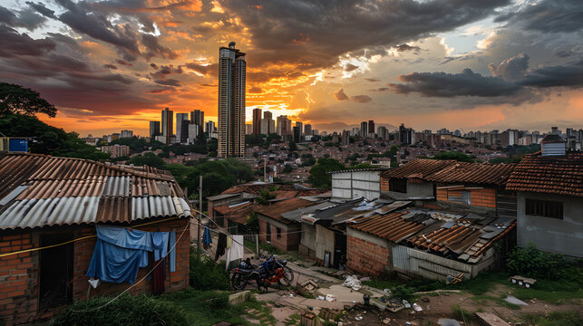Luxurious Skyscraper Contrasting with Humble Neighborhood, Symbolizing Wealth Distribution