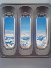 Aerial views from airplane windows, cabin interior