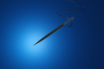 Silhouette of a sewing needle and single thread on blue background. Illustration of the concept of embroidery, tacks and clothing repair