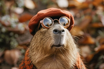 Capybara wearing goggles and beret in park, representing an intellectual dog concept. This quirky and creative image can be used for humor-related content, artistic expression, or surreal concepts.