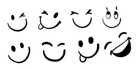 Doodle smiley collection isolated on white background. Simple happy faces. Cartoon emotions
