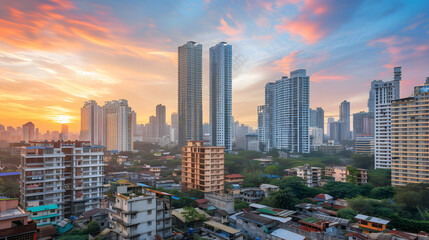 Obraz premium Luxurious Skyscraper Contrasting with Humble Neighborhood, Symbolizing Wealth Distribution