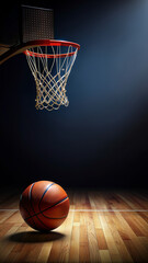 Fototapeta premium Basketball going to the basket on dark backgorund, detail shot. Vertical composition. Copy space. Paris olympic games