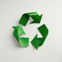Obraz premium Green arrows forming the iconic recycle symbol on a white background, emphasizing sustainability and environmental consciousness through curvilinear shapes