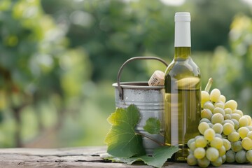 Fototapeta premium White Wine Bottle With Grapes on Table