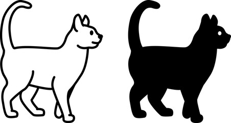 Cat Icons. Black and White Vector Icons of Graceful Walking Cat. Pet Concept