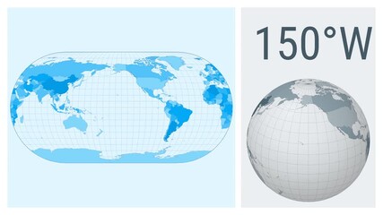 World Map Animation. Eckert III projection. Colored countries style. Animated world map in Eckert 3 projection. Loopable animation showing longitude shift and matching globe.