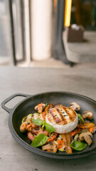 restaurant dish, camembert cheese with grilled vegetables place for text