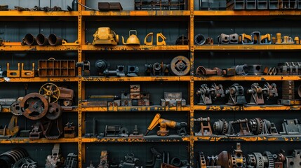 Shelves stocked with spare parts for different types of construction machinery