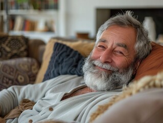 A older man lying down on a couch, possibly tired or in need of rest
