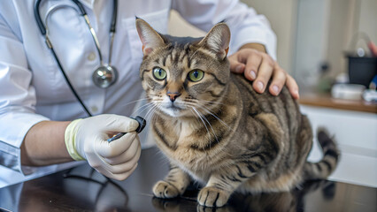 Calm and focused cat being examined by a veterinarian in a clinic. The image highlights the care and attention given to pets during a veterinary check-up