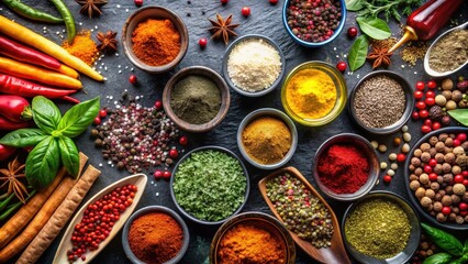 Fototapeta premium A Collection of Vibrant Spices and Herbs on a Dark Background