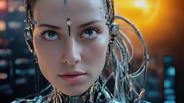 AI concept: robot portrait with female human face and visible data streams