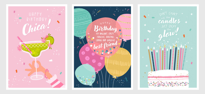Set of birthday postcards with  confetti, balloons, cocktail, cake and hand writing. Invitations, happy birthday. Vector templates great for card, poster, flyer or banner