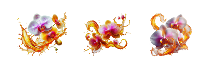 Set of orchid liquid wave splash water Illustration, isolated over on transparent white background
