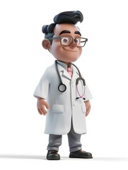 Friendly 3D Character of a Thoughtful and Skilled Medical Doctor in White Coat on a White Background