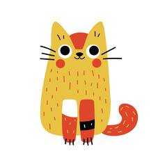 Cute little cat character. Funny naive cartoon kitten, hand drawn doodle domestic animal for kids design. Vector isolated flat illustration