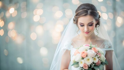 Naklejka premium Romantic Bride Portrait - A portrait of a bride holding a bouquet, with a dreamy, blurred background of wedding decorations. 