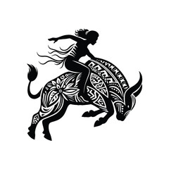 Fototapeta premium bull riding sport female player with ethnic polynesia pattern illustration, emblem shield badge