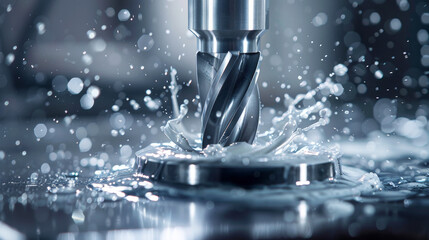 Close-up of cutting-edge tungsten carbide end mill in action with water splashes on metal surface