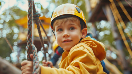 Father and son climbing together at adventure park in safety helmets