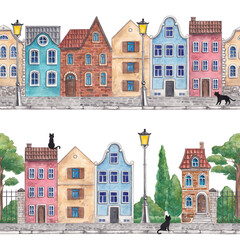 Fototapeta premium Cute European houses. Watercolor hand-drawn illustration street with bright cottages. Set of seamless borders, pattern on the theme of the city, park, architecture.