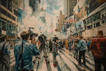 Busy city intersection with camera crew filming amidst bustling crowd and tall skyscrapers in the background on a clear day.