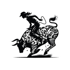 bull riding sport female player with graffiti tags, street art pattern illustration, emblem shield badge