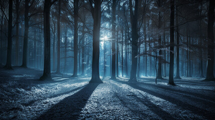 Enigmatic moonlight forest with long shadows and ethereal glow