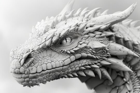 Close-up of an intricately detailed dragon head statue in black and white. Perfect for fantasy and mythical creature themes.