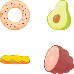 Meal icons set cartoon vector. Piece of meat, avocado, sandwich and donut. Nutrition concept